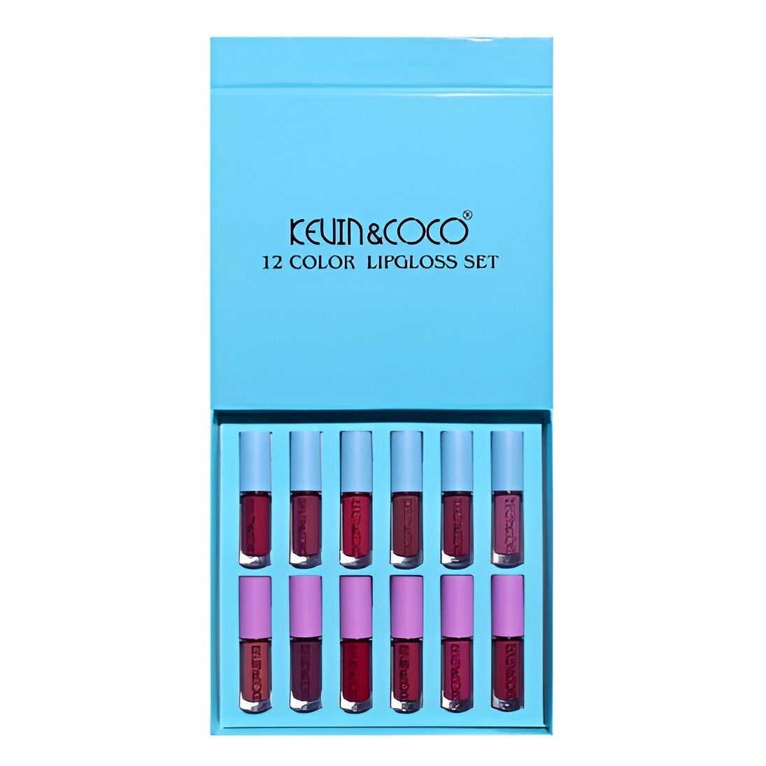 Set Rujuri de Buze, KEVIN & COCO, 12 Culori, 17x14.8x2.9 cm, Diferite Nuante, LipGloss, Albastru
