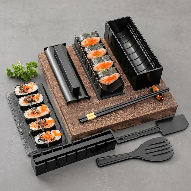 Set ustensile pentru facut sushi 10 piese, forma inima inclus, 3 forme clasice, extensibil, finisaj lucios, material ABS, curatare usoara, negru