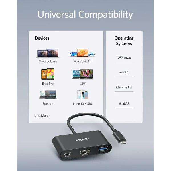 DOCKING Station Anker 3-in-1, porturi: HDMI (M) 4K 30Hz, USB 3.2 gen 1, PD 100W, , conectare prin USB Type-C (T), rata transfer 5 Gbps, ABS, gri, "A8339HA1" - 0194644023157
