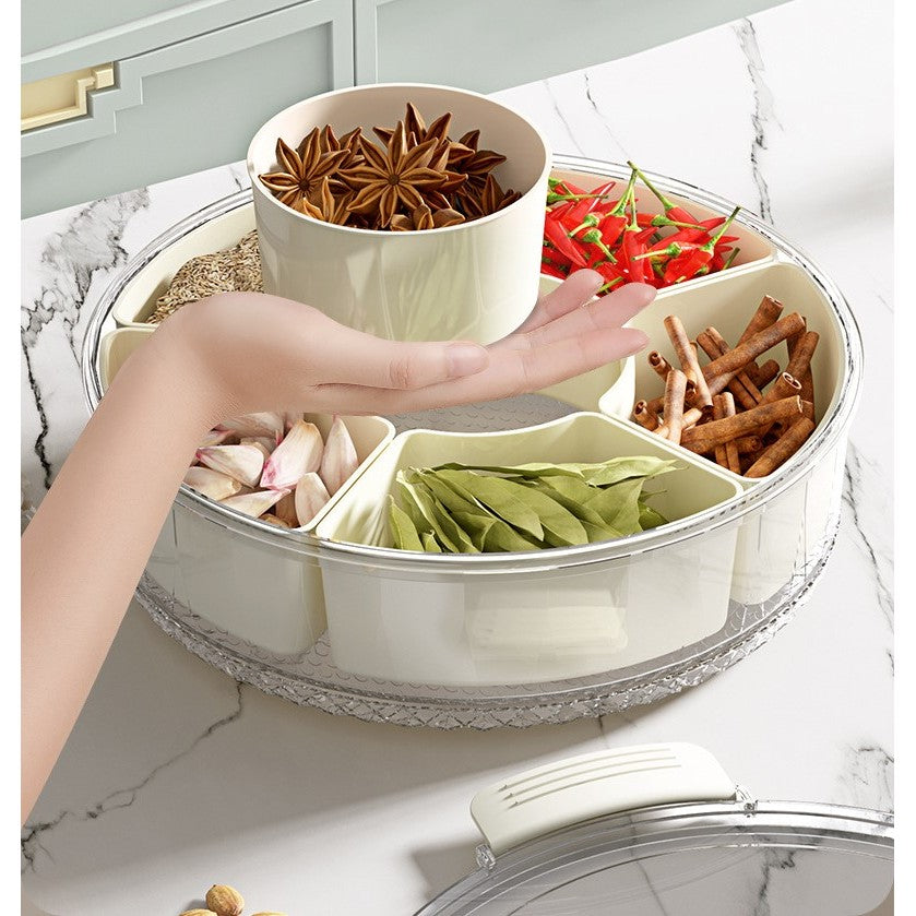 Cutie de Depozitare pentru Alimente, Flippy, cu 6 Compartimente, pentru Condimente, Fructe, Legume, cu Manere de Prindere, Rotativa 360 de Grade, Inchidere Ermetica, 32x10 cm, Alba