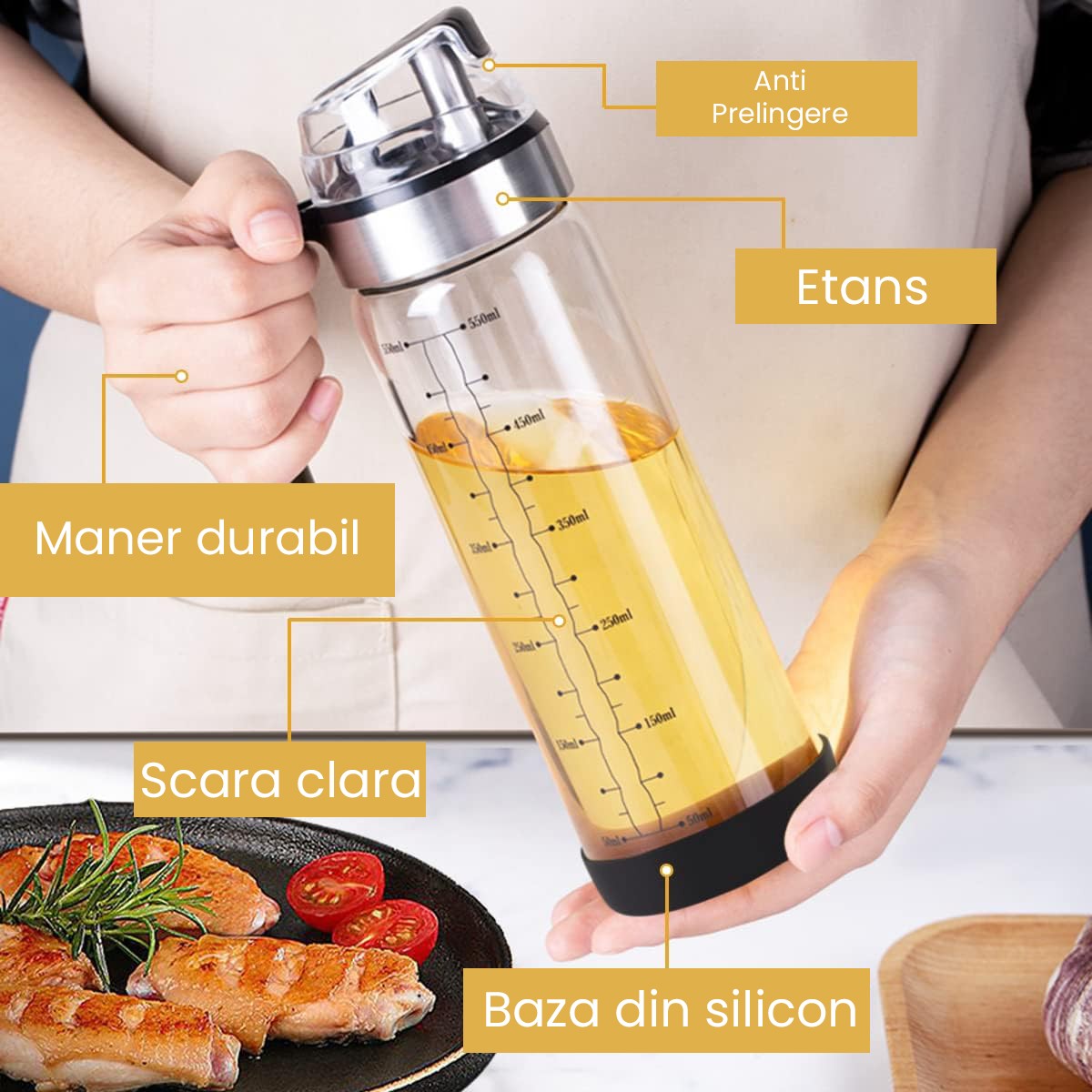 Sticla de ulei etansa cu deschidere inchidere, Dispenser de ulei de bucatarie, Sos de soia, Otet, 500 ml, Transparent