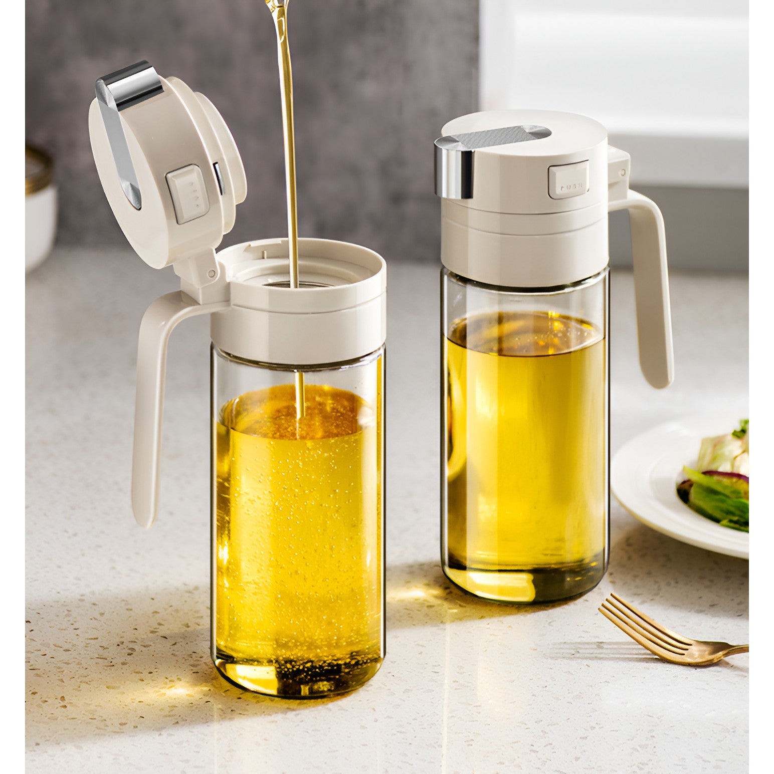 Dispenser pentru Ulei, Flippy, Deschidere si Inchidere Automata a Rezervorul, cu Inductie Gravitationala, 550 ml, 12x7.6x20.5 cm, Alb