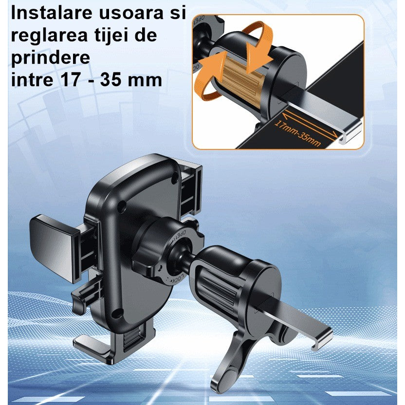 Suport Auto Telefon Flippy, Prindere Grila Ventilatie, Tija Fixare Reglabila, Rotativ 90 grade, Design Modern, Detalii Fine, Material Plastic si Silicon, 11 x 8.5 cm, Model 3, Negru