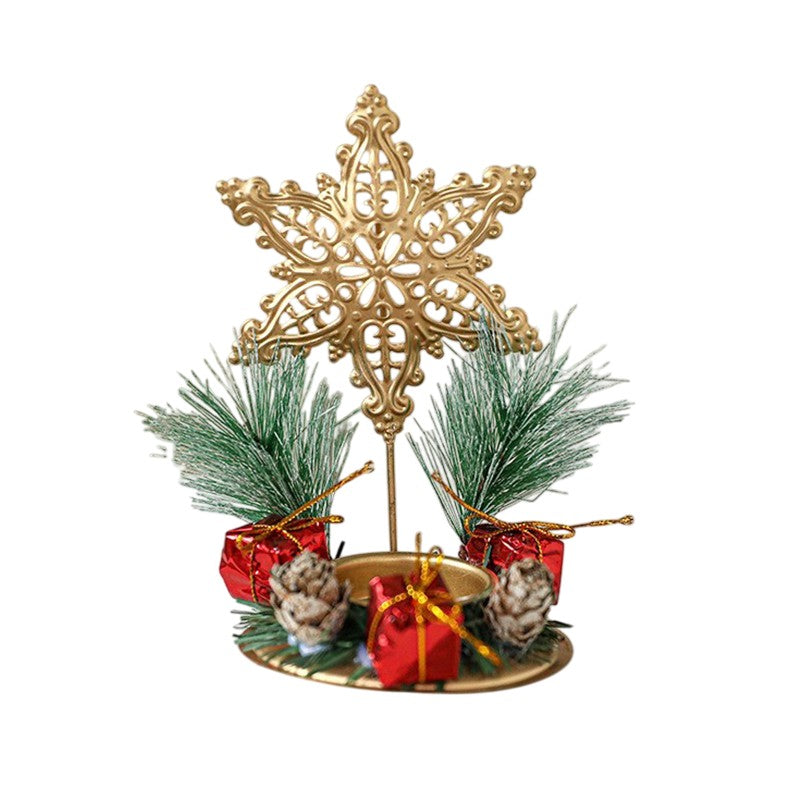 Suport Decorativ pentru Lumanare de Craciun, Ornament pentru Lumanare pe Masa, Model Fulg de Nea si Crengute de Brad, din Art Metal, fara Lumanare 13 x 8.3 cm, Auriu