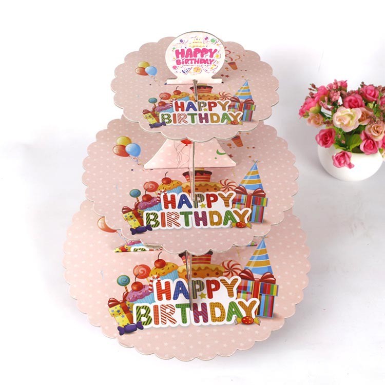 Etajera pentru Prajituri, din Carton, 3 Nivele, 16/22/29 cm Diametru, Inaltime 38 cm, Tema Happy Birthday, Roz