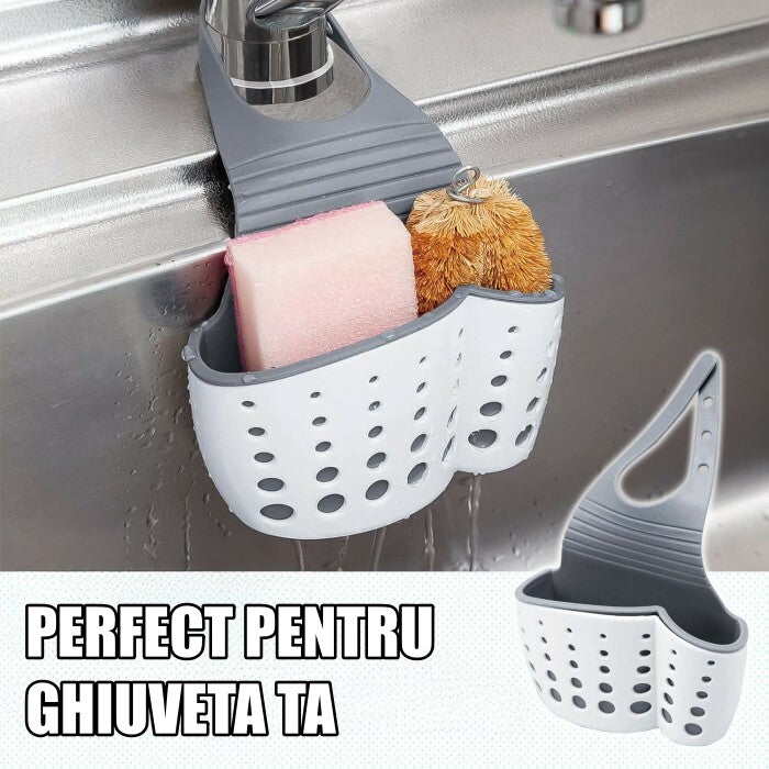 Suport Scurgere pentru Burete si Laveta de Vase Bucatarie, Albastru, Curea Reglabila, Plastic Flexibil, 15x 5x 21cm
