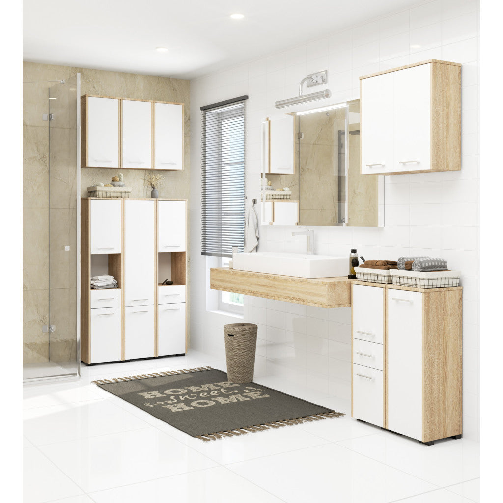 Dulap baie tip coloana cu 2 usi si sertar, PAL laminat, 30x30x85 cm, stejar sonoma si alb