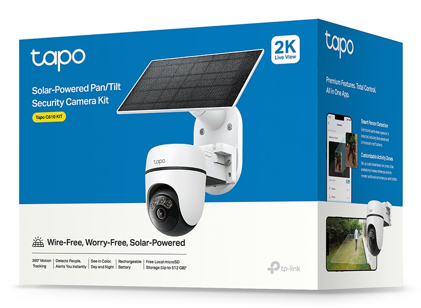 CAMERA IP TP-LINK + PANOU SOLAR, wireless, turret, pt.exterior, dist. IR 9 m, tip lentila fixa 4 mm, 2K 3MP (2304×1296 px), microfon, carcasa plastic, slot SD card, "Tapo C610 KIT"