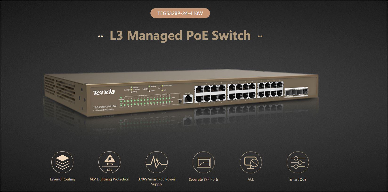 TENDA 24PORT GIGABIT L3 MANAGED SWITCH "TEG5328P-24-410W"