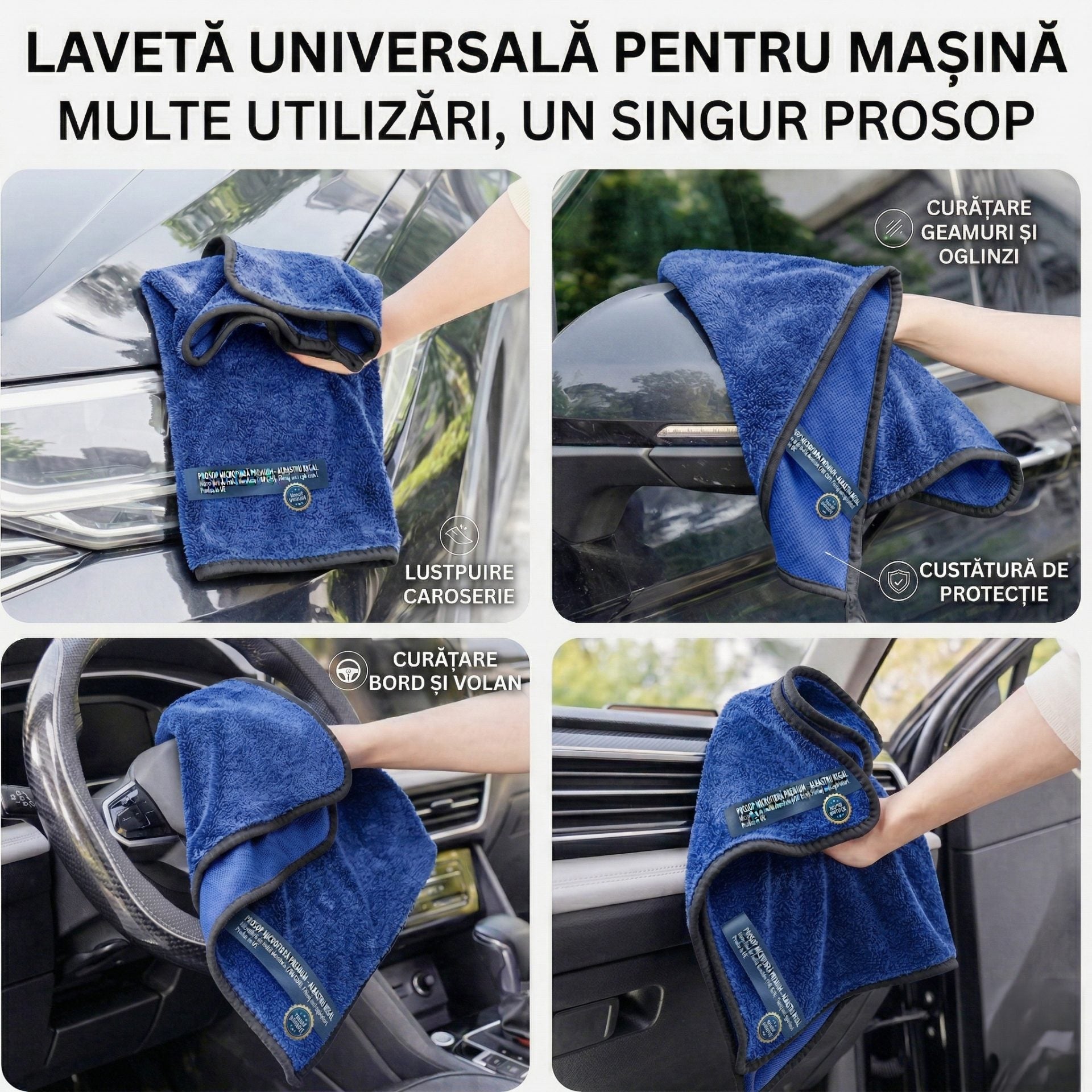 Prosop Uscare Auto, 600 GSM, Microfibra Premium, Ultra Absorbant, Fara Urme, 90x70 cm, Albastru Inchis