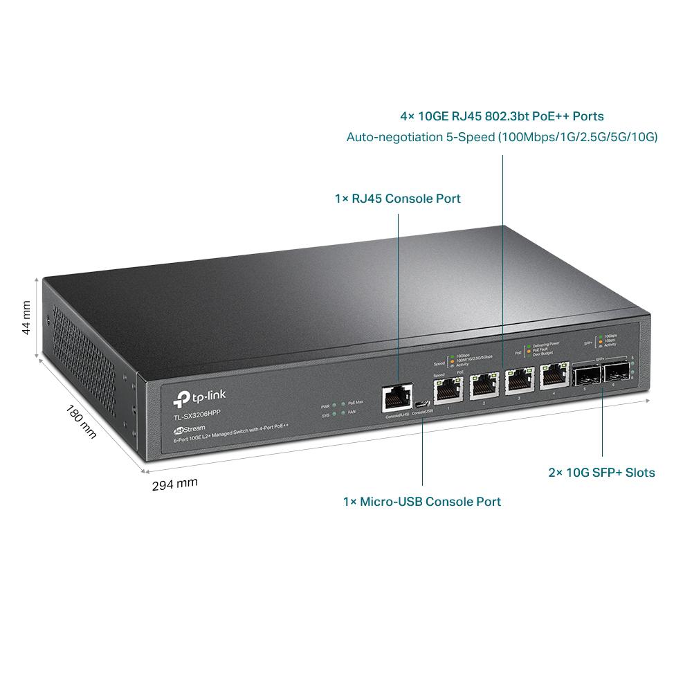 SWITCH TP-LINK 16 porturi JetStream cu Management | 6× Porturi 10GE si 4× Porturi PoE++. carcasa metalica "TL-SX3206HPP"