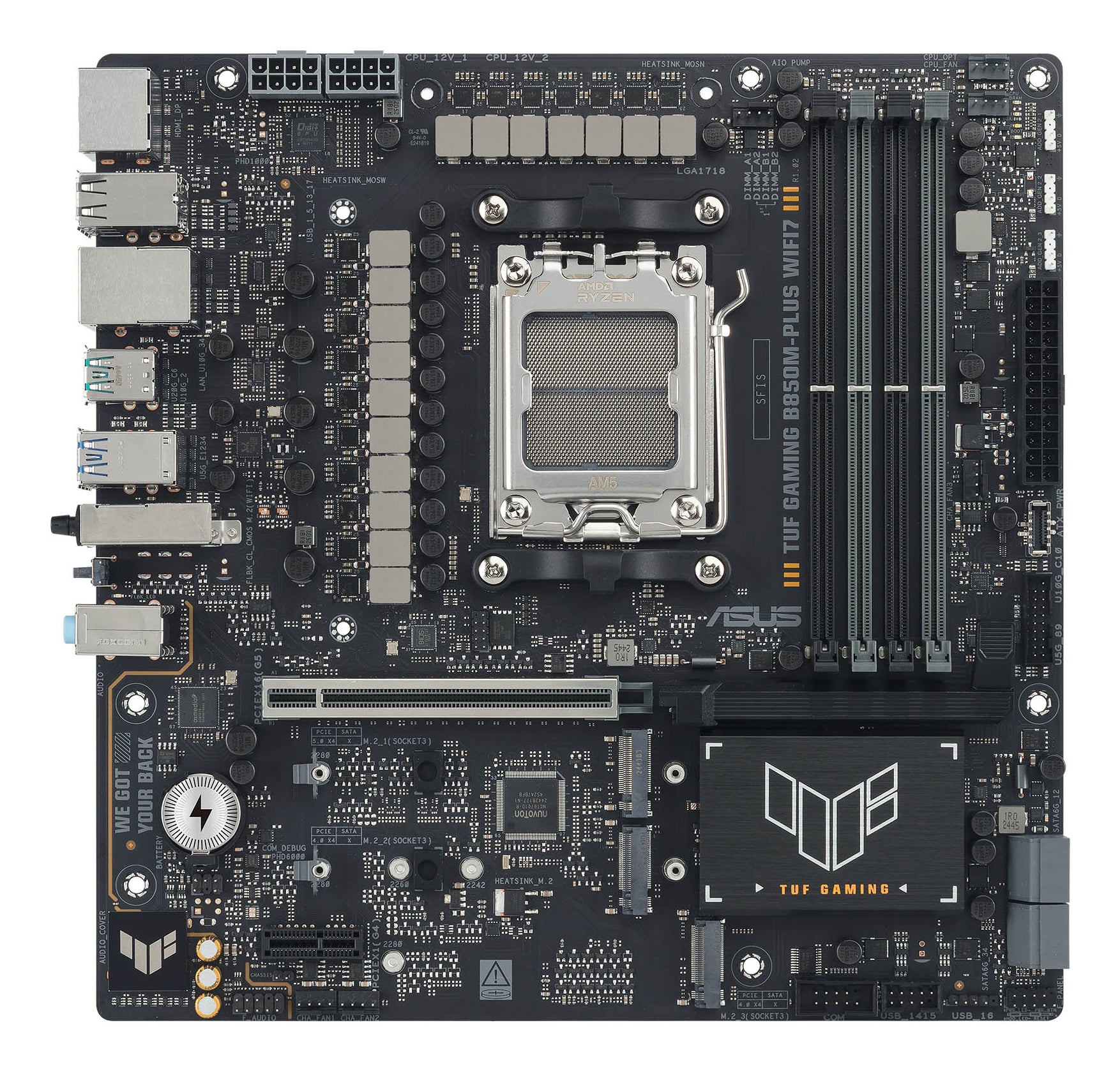 ASUS TUF GAMING B850M-PLUS WIFI7 AM5 4xDDR5 mATX Pciex5 DP HDMI USB MB "TUF GAMING B850M-PLUS WIFI7"