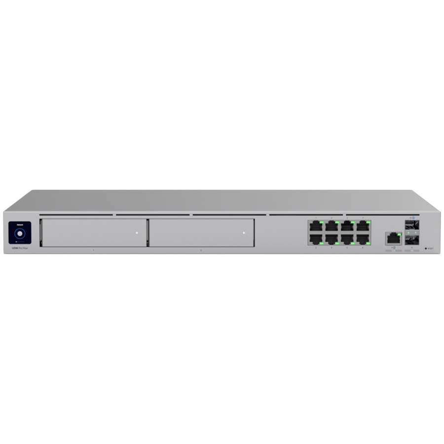 Ubiquiti rack-mount Cloud Gateway with 10 Gbps perfor multi-WAN load balancing, and two NVR drive bays designed for large-scale, multi-application UniFi sites "UDM-PRO-MAX-EU"