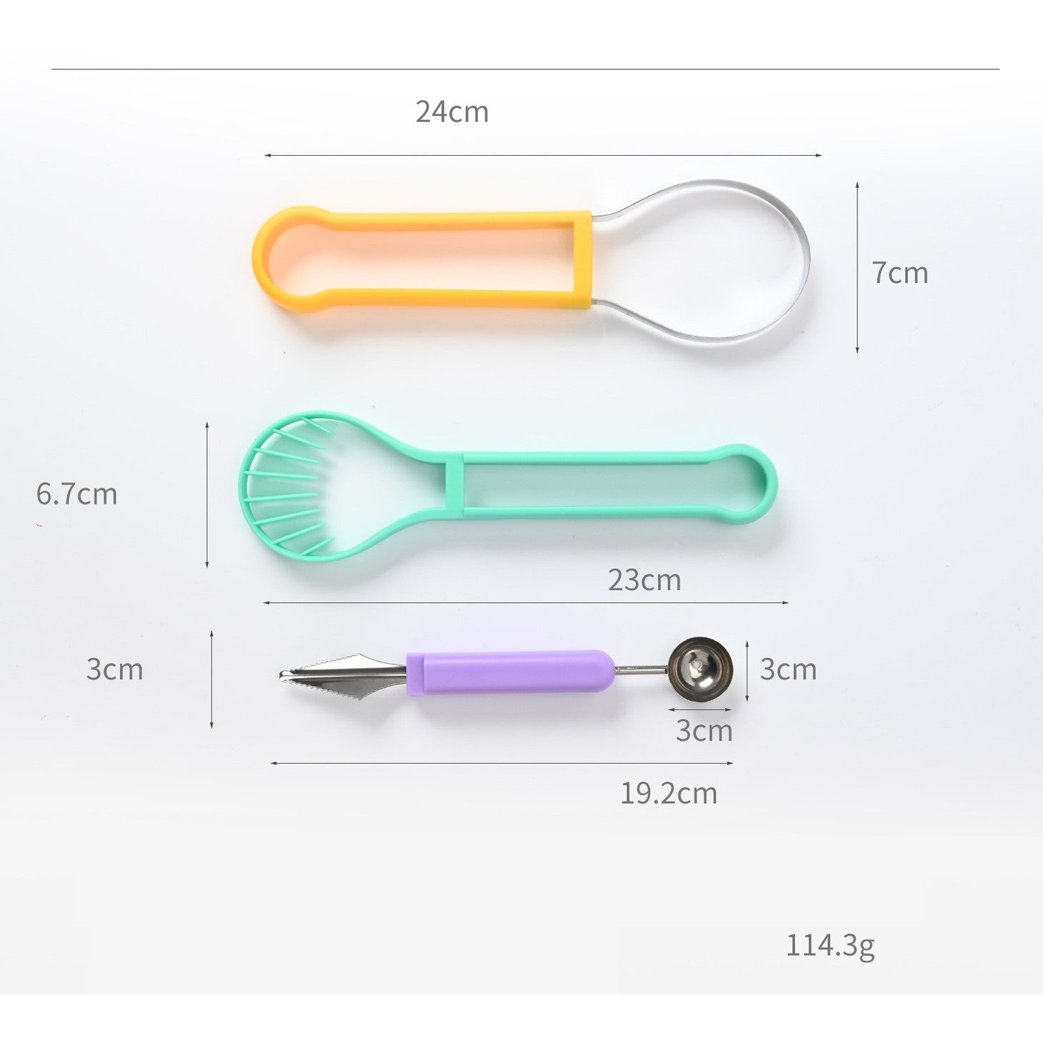 Ustensila bucatarie 4 in 1 pentru taiat si decorat fructe material inox si plastic, compact, 28x6.2 cm, multicolor