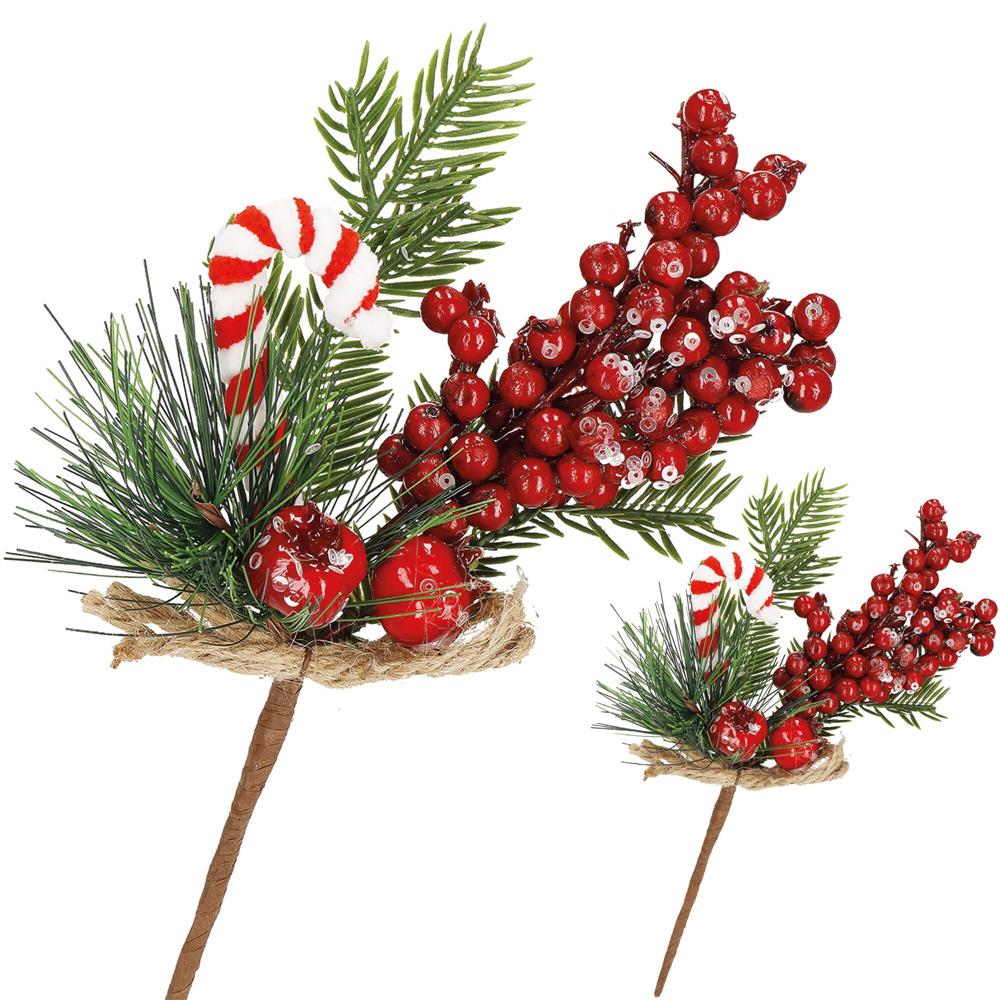 Ramura decorativa Craciun cu fructe rosii, acadea si sfoara iuta, 24 cm, rosu