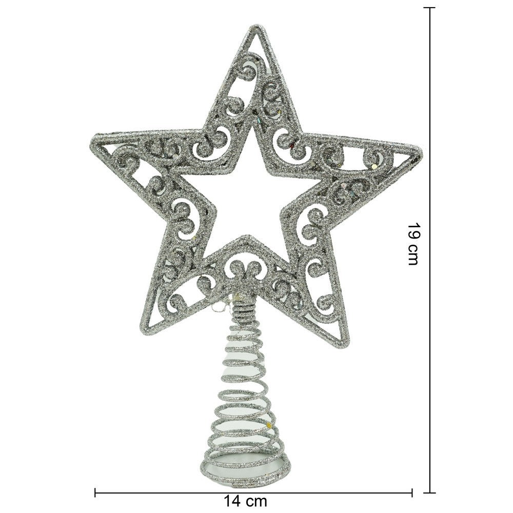 Varf decorativ de brad, Argintiu, in forma de Stea, decupata in centru, din Plastic/Metal, 14 cm x 19 cm, Interior/Exterior