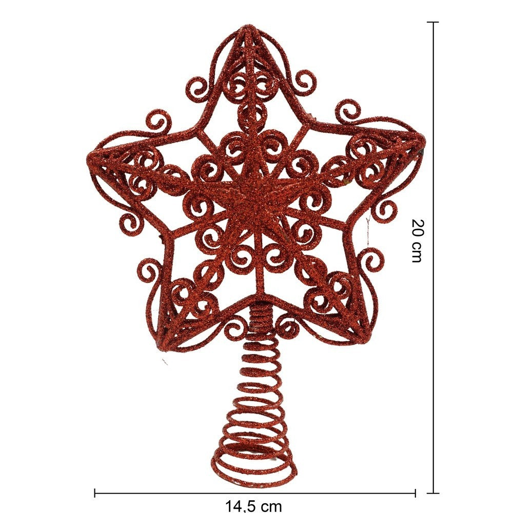Varf decorativ de brad, Rosu, in forma de Stea, design forjat, din Plastic/Metal, 14.5 cm x 20 cm, Interior/Exterior