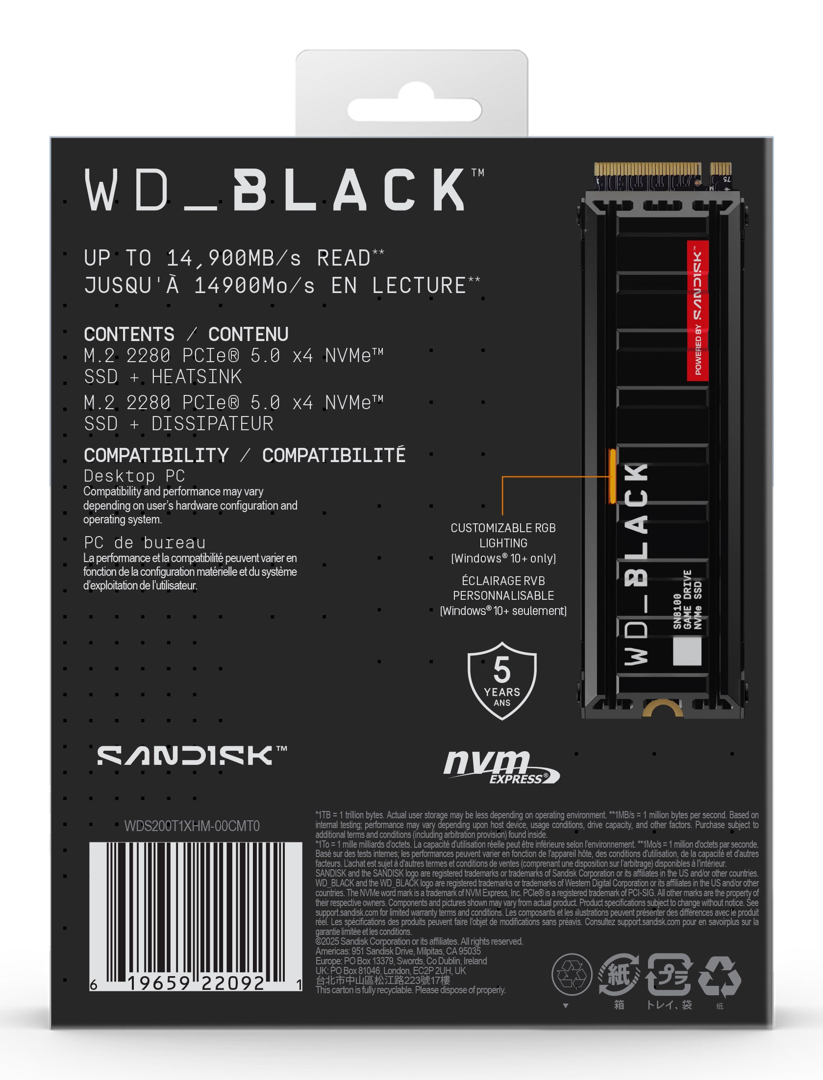 SSD WD_BLACK SN8100 HeatSink 2TB M.2 2280 PCIe Gen5 x4 NVMe, Read/Write: 14900/14000 MBps, IOPS 2300K/2400K, TBW: 1200, powered by SanDisk "WDS200T1XHM-00CMT0"