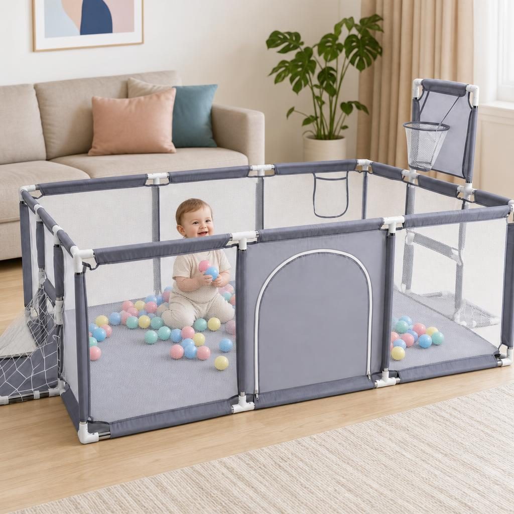 Tarc de Joaca pentru Copii DNT-108, Model Spatiu Fotbal si Basketball, 230 x 122 x 65 cm, Structura de Protectie pentru Interior, ABS si Poliester rezistent, Gri
