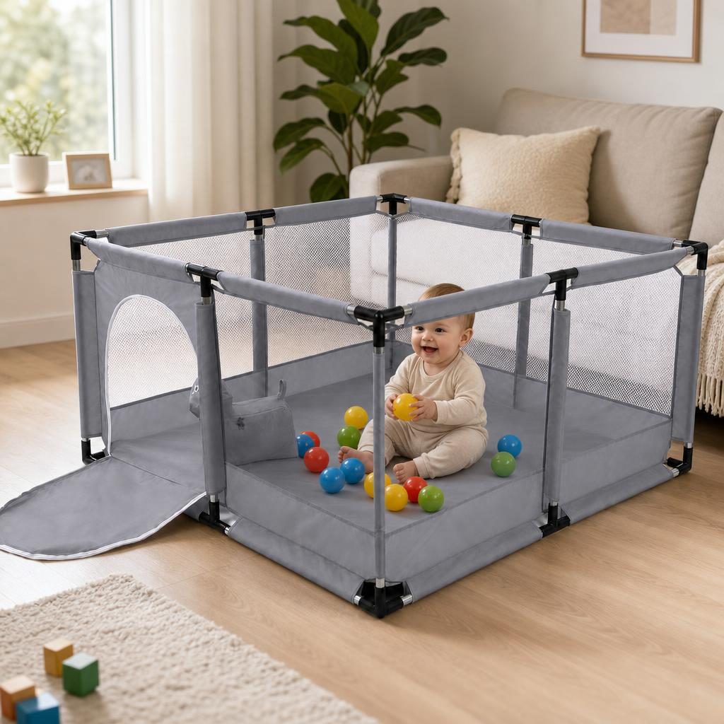 Tarc de Joaca pentru Copii DNT-106, Model Spatiu Fotbal, 126 x 126 x 65 cm, Structura de Protectie pentru Interior, ABS si Poliester rezistent, Gri