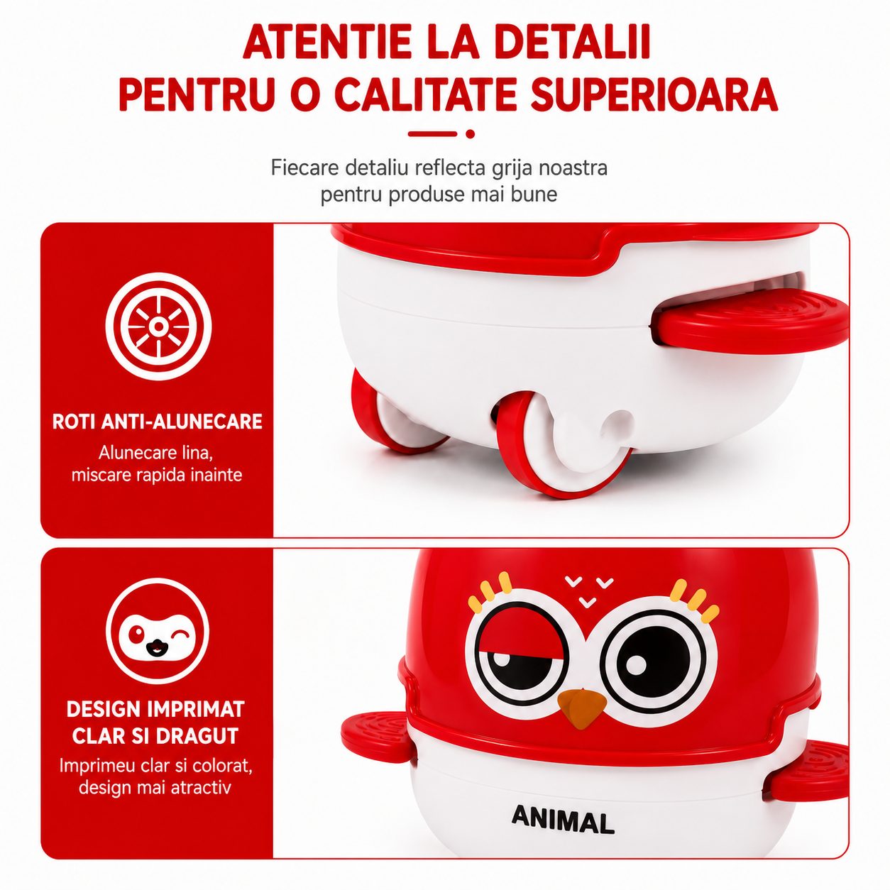 Jucarie Interactiva cu Inertie, Model Bufnita, Sunete si Lumini, pentru Copii 1-3 Ani, Rosu Deshis