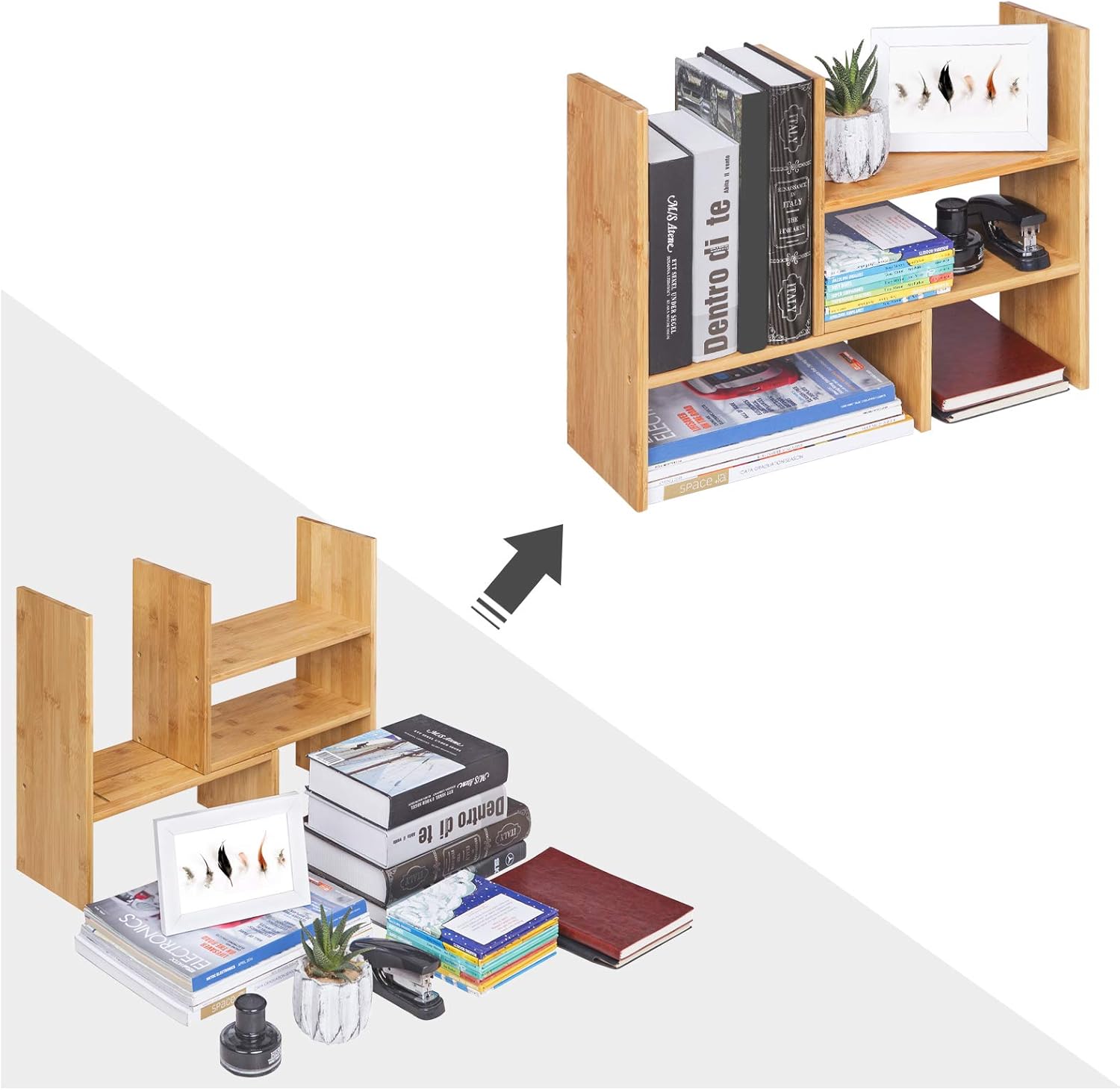 SONGMICS Organizator modular cu 3 forme de depozitare reglabile, din bambus, 65x15x40 cm, maro