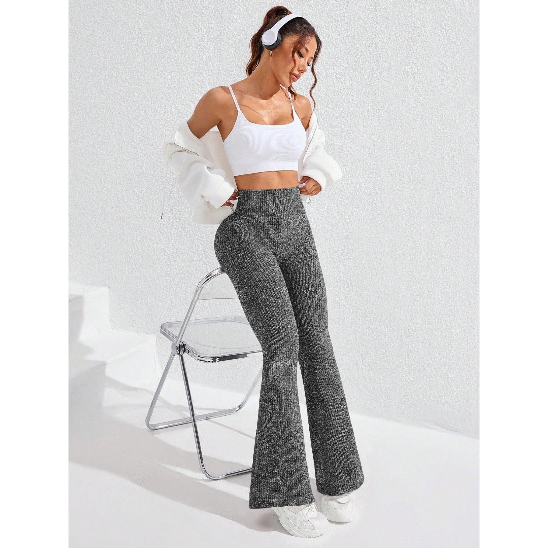 Pantaloni Sport de Dama, Flippy, pentru Yoga, Talie Inalta, Evazati, Tricotati, Gri Inchis, Marime XS