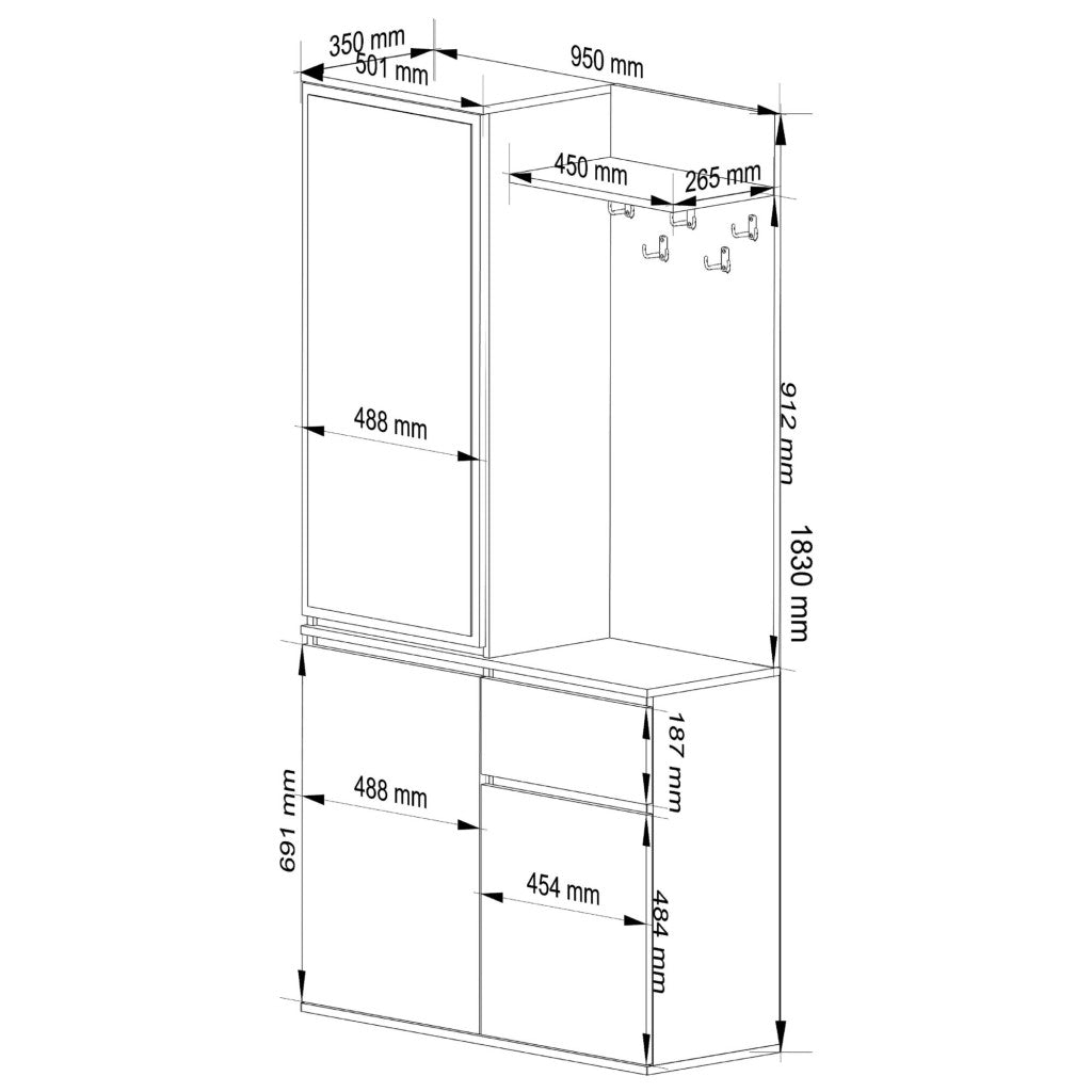 Set hol Entro cu oglinda, cuier si spatii de depozitare, PAL laminat 16 mm, 95x35x183 cm, stejar craft