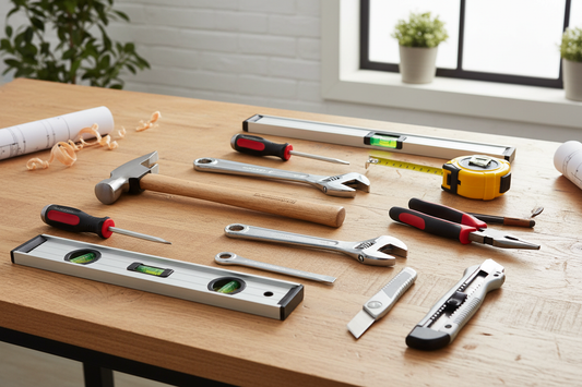 Colecție de scule de mână esențiale pentru proiecte DIY casnice, incluzând ciocan, șurubelnițe, cheie reglabilă, clește, ruletă, nivelă și cuțit utilitar aranjate pe banc de lucru