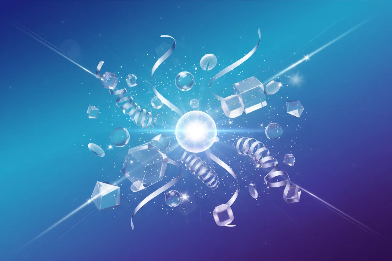 Abstract digital art with glowing spheres, transparent cubes, and ribbons on blue background