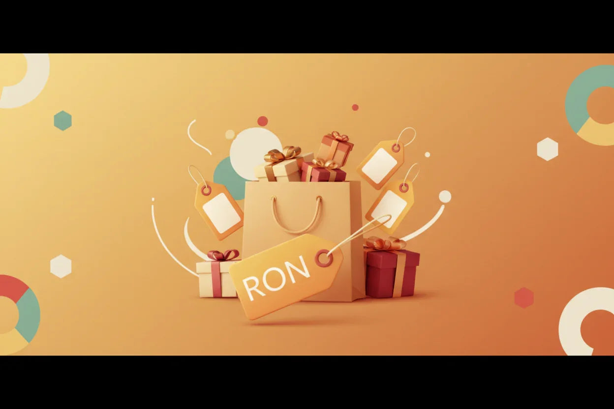 Shopping bag with gift boxes and price tags featuring RON currency symbol on orange background