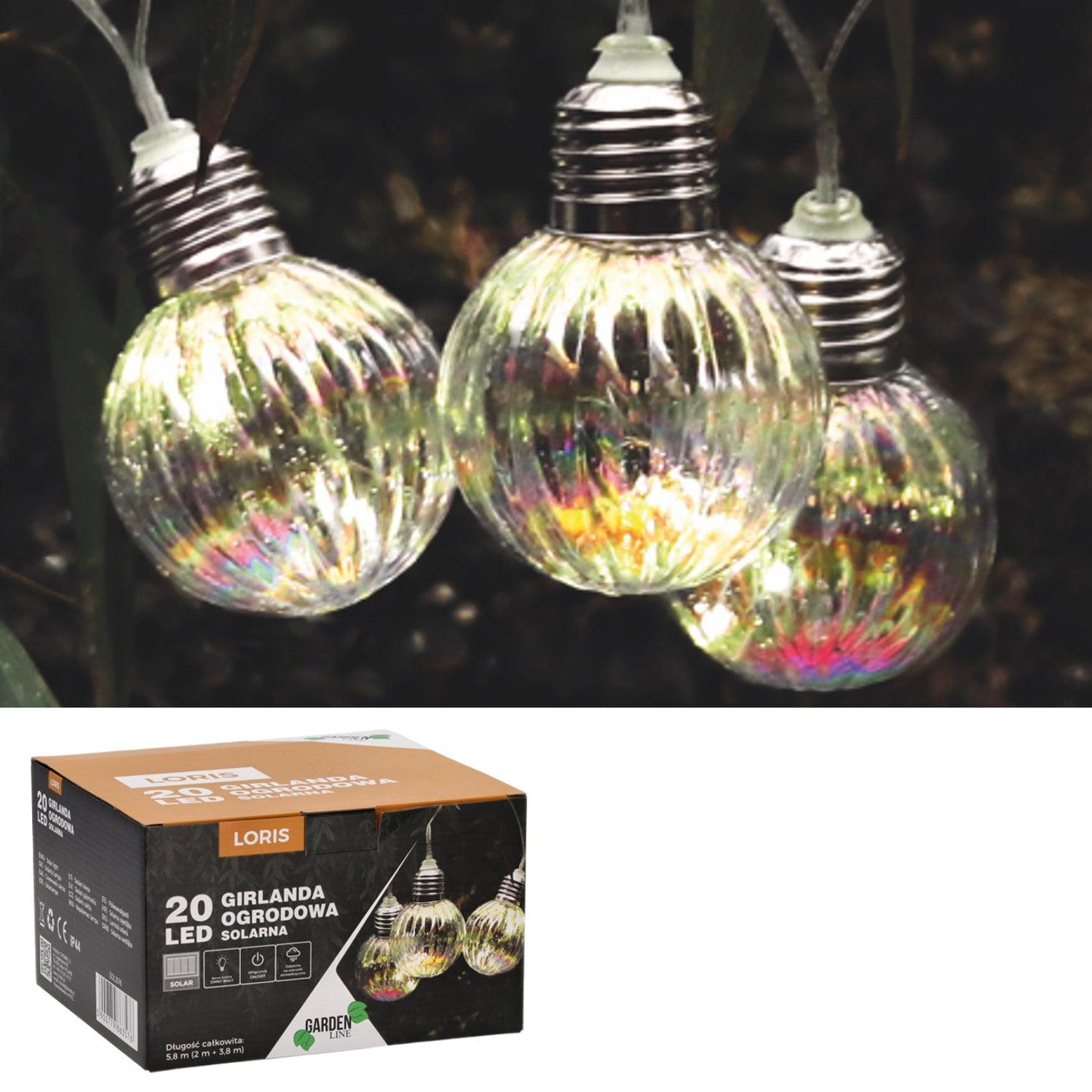 Ghirlanda luminoasa, LED, model Loris, 20 becuri, 580cm, incarcare solara, lumina alb multicolor