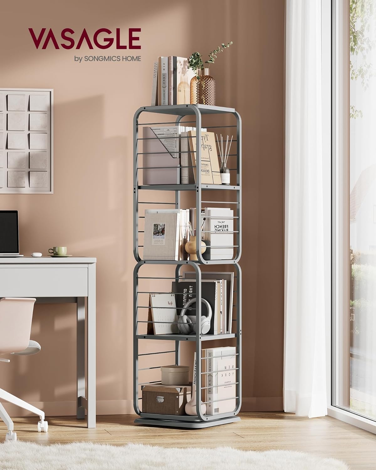 VASAGLE Biblioteca rotativa 360 grade, cadru metalic, cu 5 polite MDF, 43x43x158cm, gri