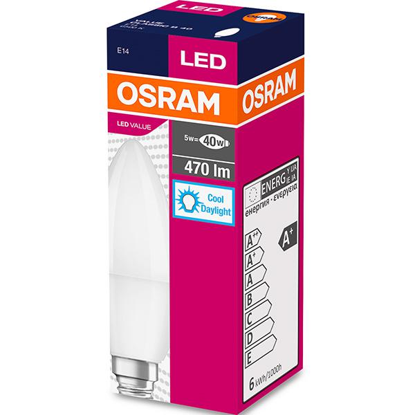 BEC LED Osram, soclu E14, putere 5.5W, forma lumanare, lumina alb rece, alimentare 220 - 240 V, "000004052899971066"