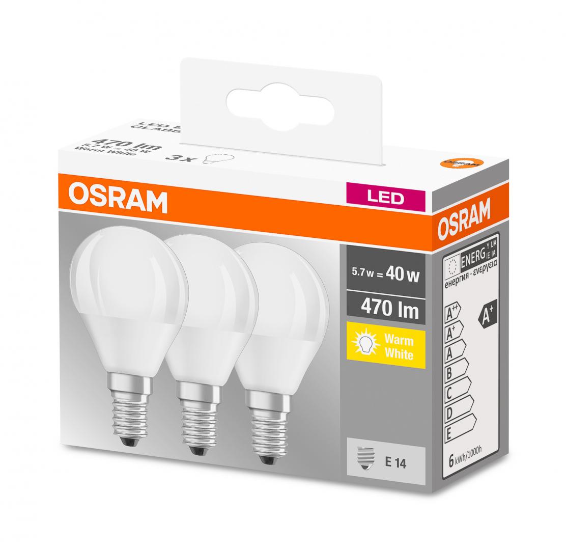 SET 3 becuri LED Osram, soclu E14, putere 5.7W, forma clasic, lumina alb calda, alimentare 220 - 240 V, "000004058075090507"