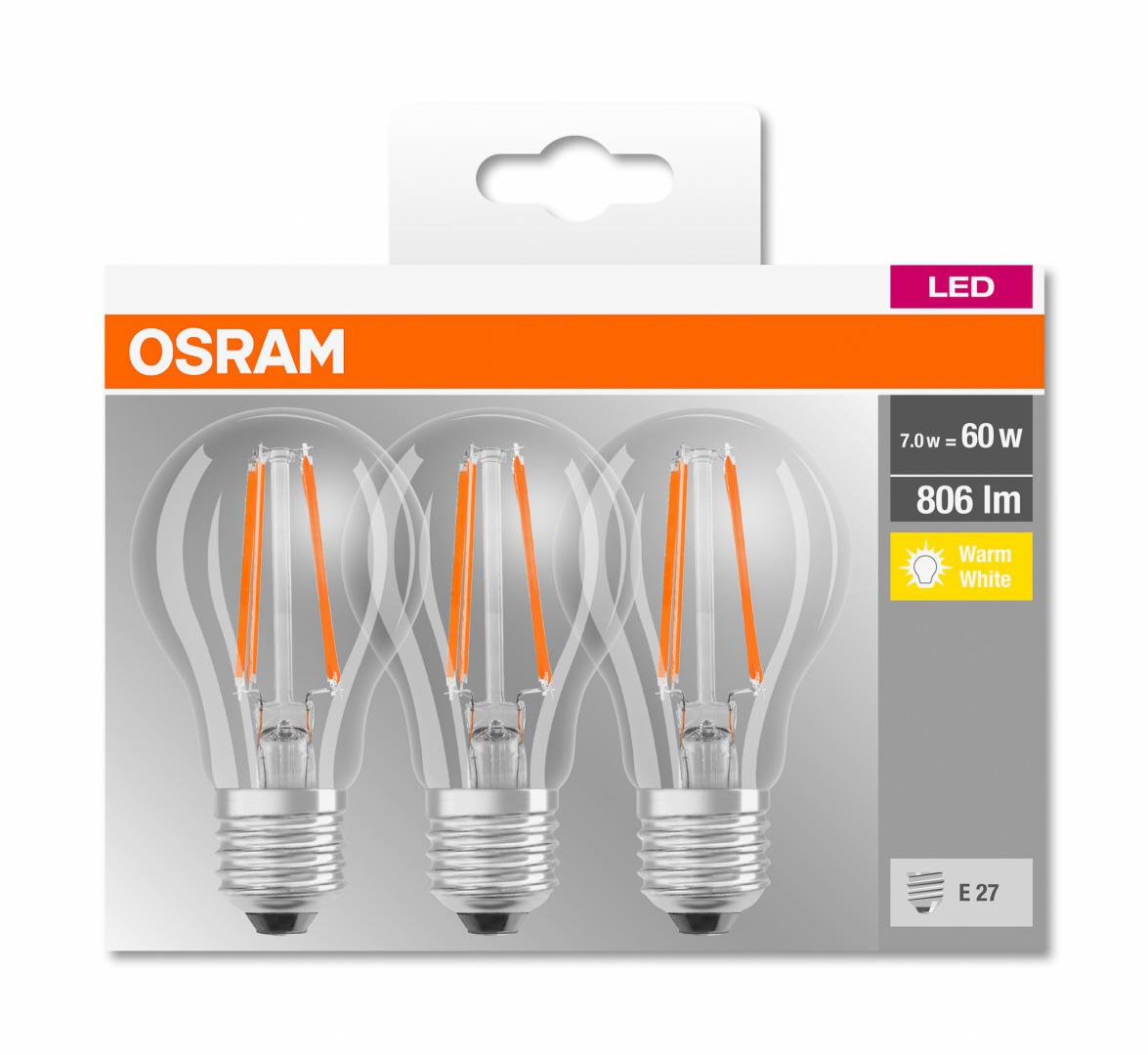 SET 3 becuri LED Osram, soclu E27, putere 7W, forma clasic, lumina alb calda, alimentare 220 - 240 V, "000004058075819290"