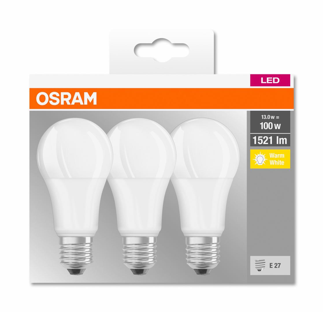 SET 3 becuri LED Osram, soclu E27, putere 13W, forma clasic, lumina alb calda, alimentare 220 - 240 V, "000004058075819412"