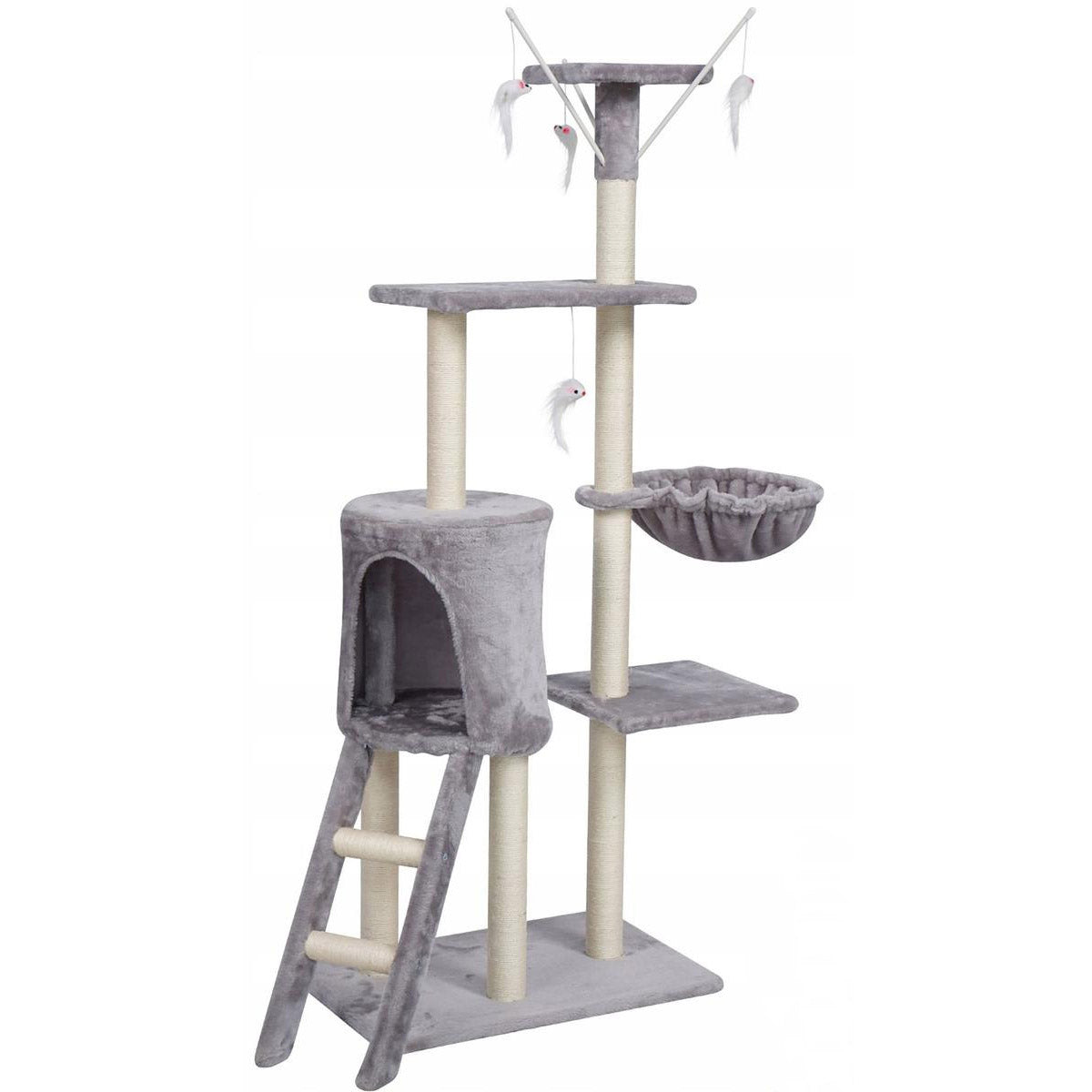 Ansamblu de joaca pentru pisici, cu loc pentru zgariat, ascunzatoare, culcus, 50x24x138cm, gri