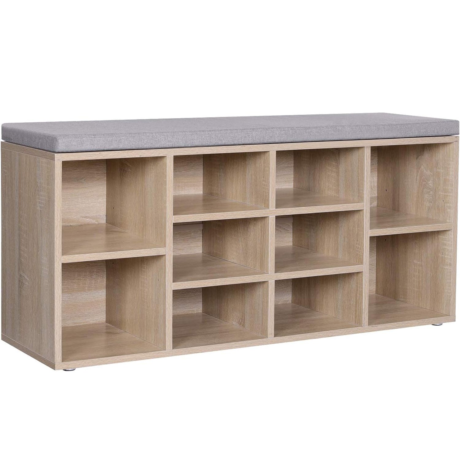 VASAGLE Banca pentru hol cu suport pentru pantofi, 10 compartimente, cu perna, 104x48x30cm, stejar