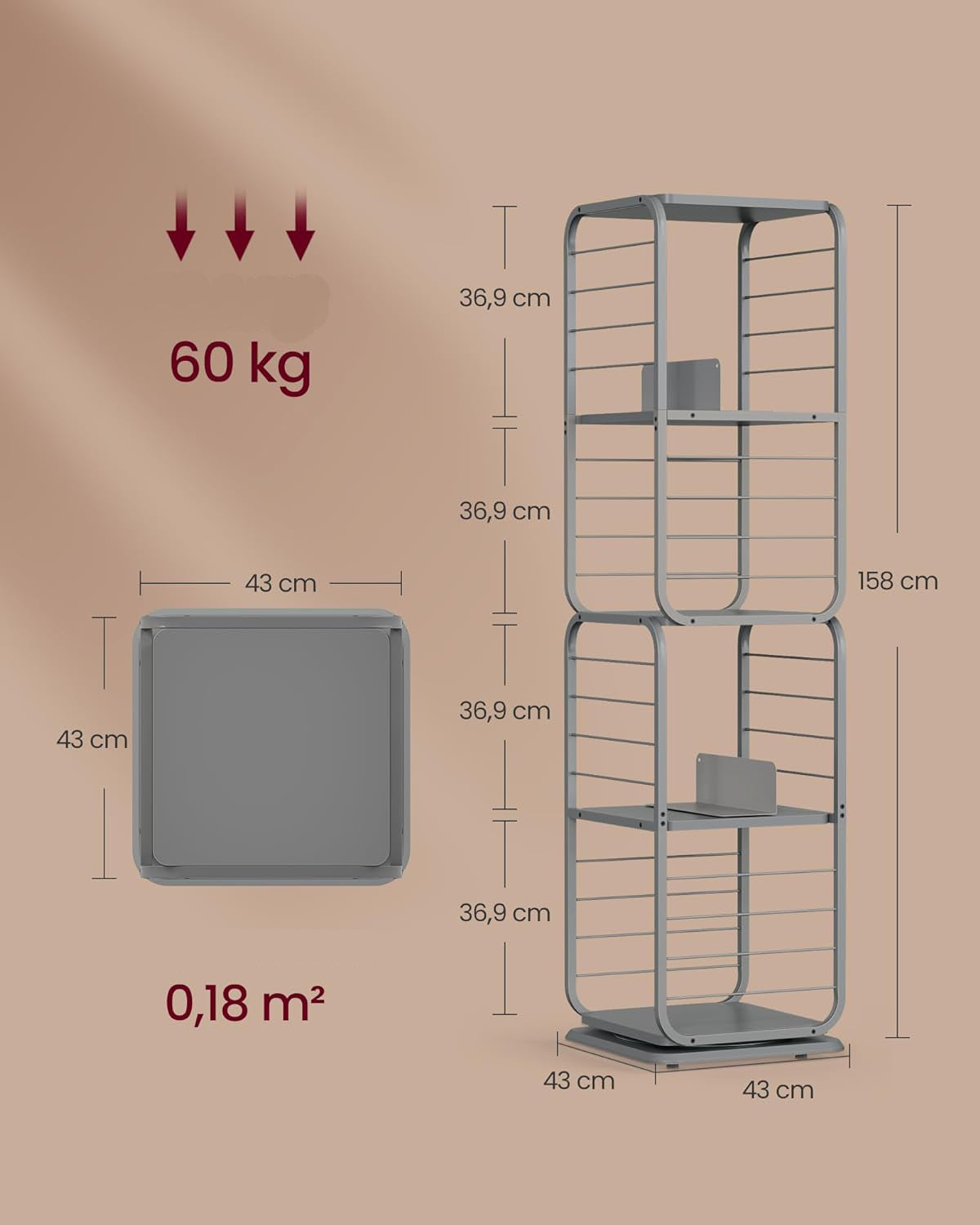 VASAGLE Biblioteca rotativa 360 grade, cadru metalic, cu 5 polite MDF, 43x43x158cm, gri