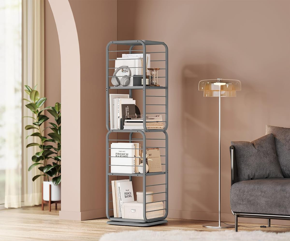 VASAGLE Biblioteca rotativa 360 grade, cadru metalic, cu 5 polite MDF, 43x43x158cm, gri