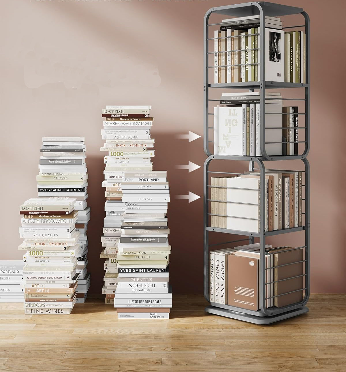 VASAGLE Biblioteca rotativa 360 grade, cadru metalic, cu 5 polite MDF, 43x43x158cm, gri