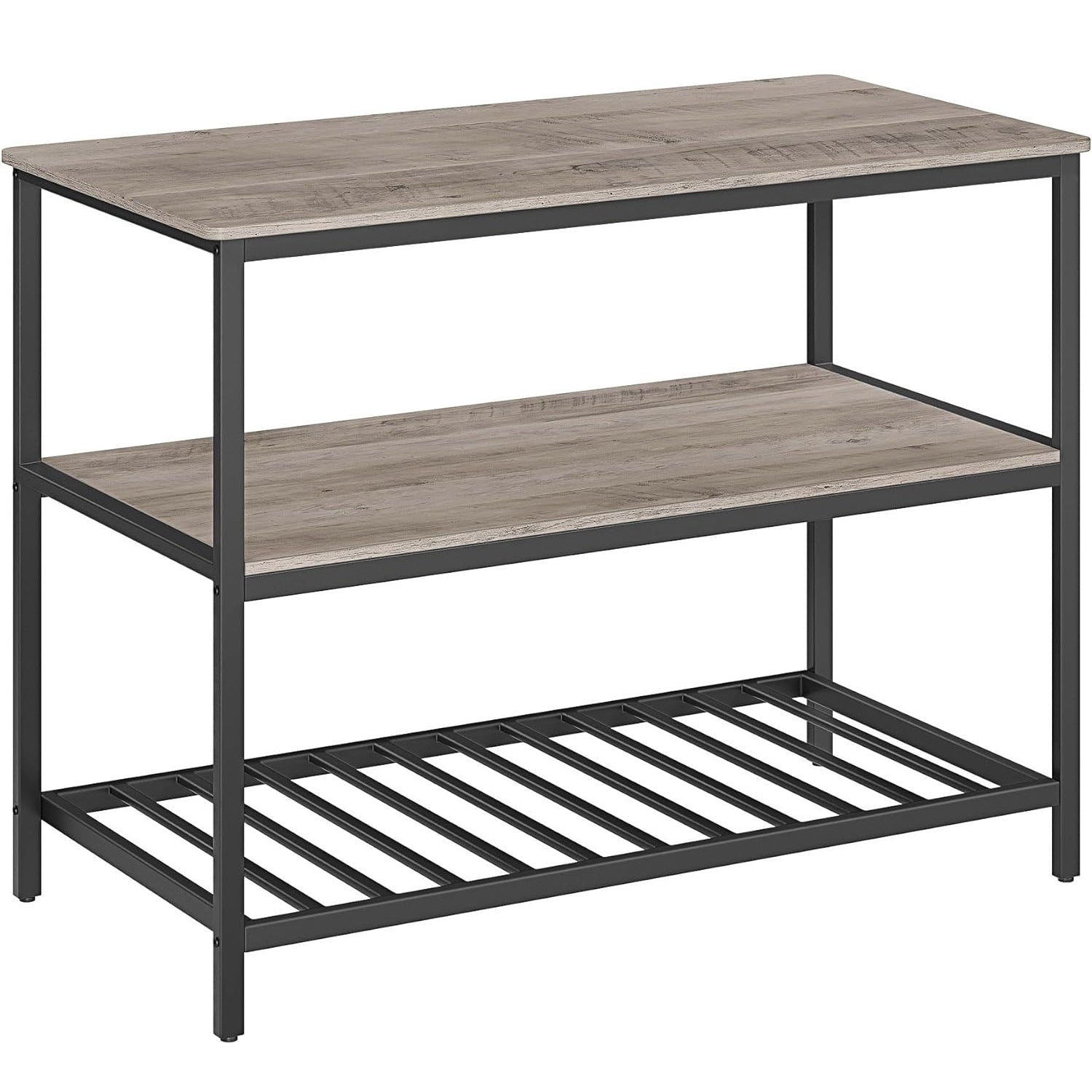 VASAGLE Raft de bucatarie tip insula, cadru de otel cu 3 nivele, stil industrial, 60x120x90cm, gri stejar