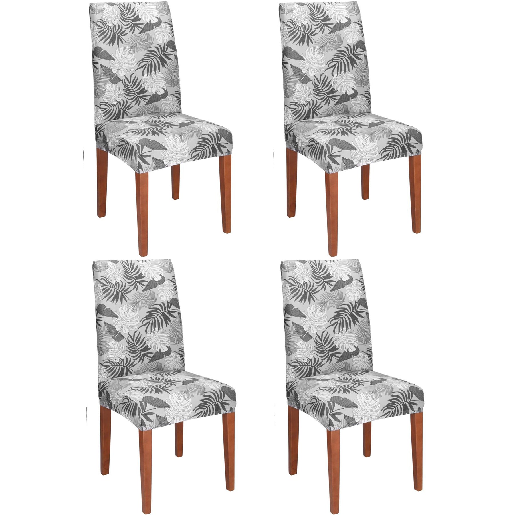 Set 4 huse universale pentru scaun, marime universala, poliester si spandex, 38x70cm, gri cu model floral