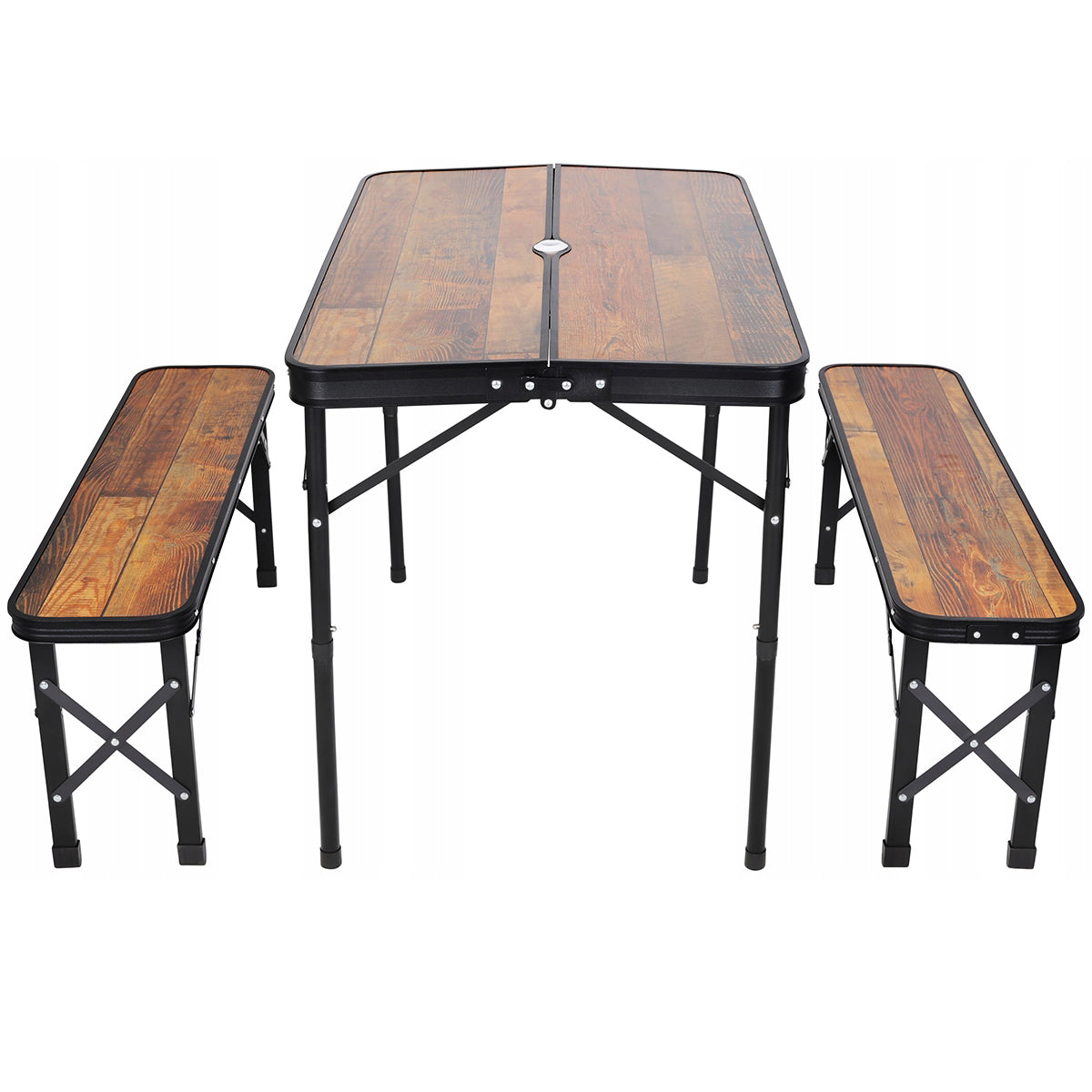 Set mobilier de camping pliabil, masa cu 2 banci, structura otel cu blat MDF, 90x60cm, maro
