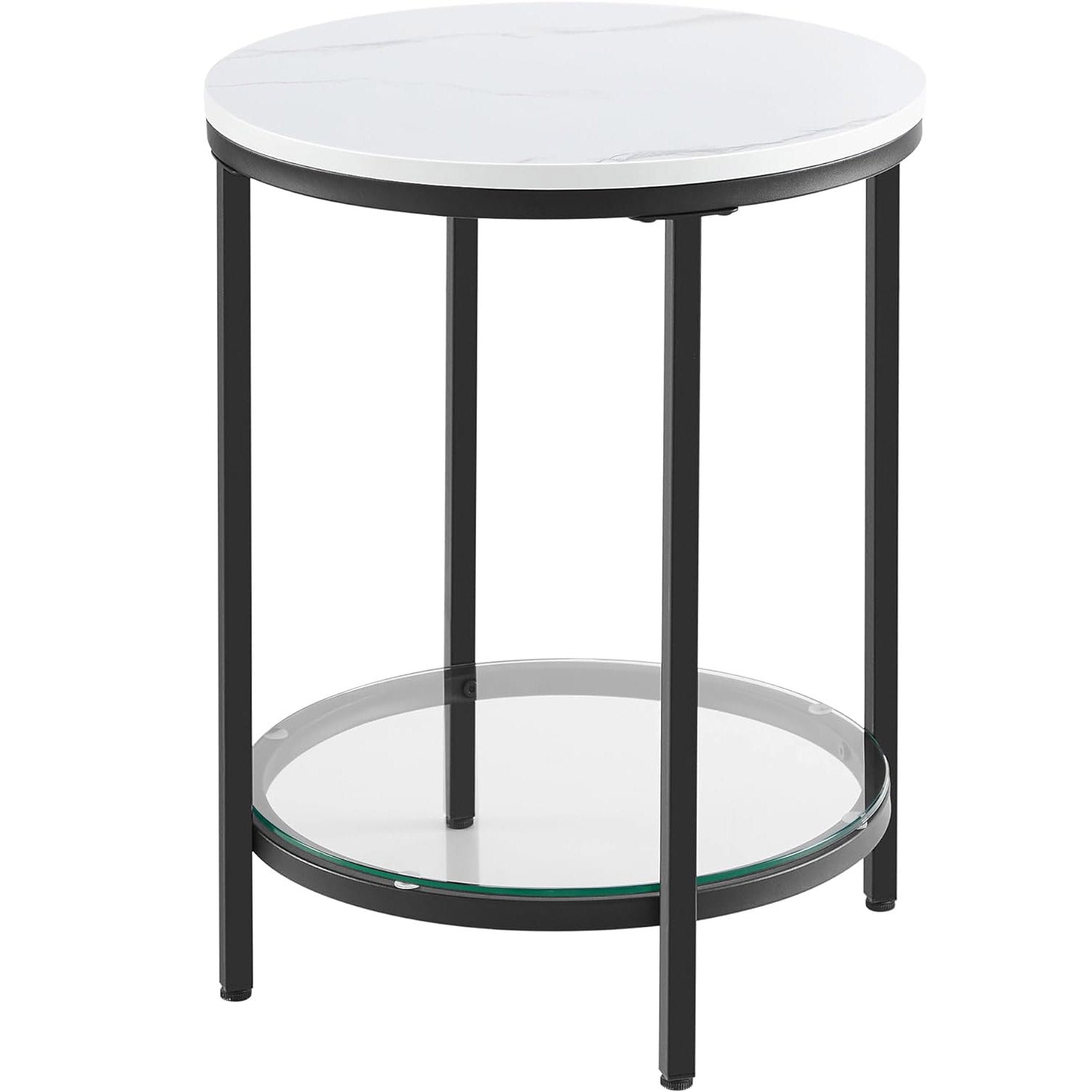 VASAGLE Masa rotunda, cu cadru de otel, noptiera, 45x55cm, negru cu blat alb aspect marmura