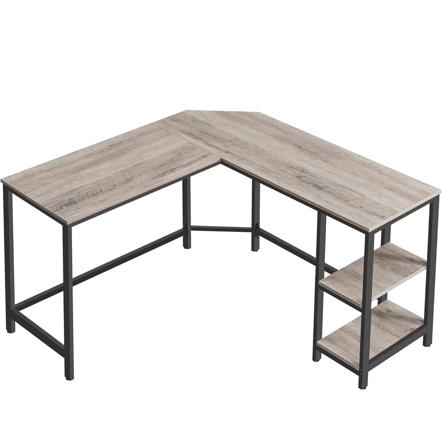 VASAGLE Birou de colt in forma de L, cu 2 rafturi de depozitare, 138x138x75cm, industrial, gri si negru