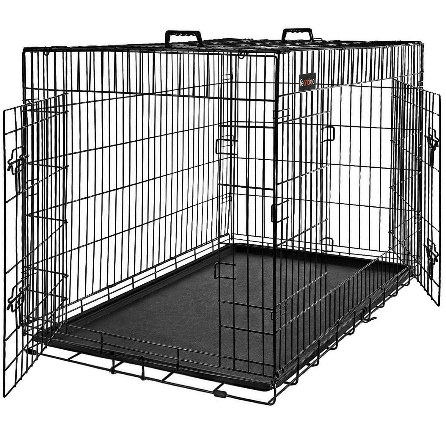 FEANDREA Cusca pentru animale, 2 usi, pliabila din metal, tava detasabila, L, 93x57x64cm, negru