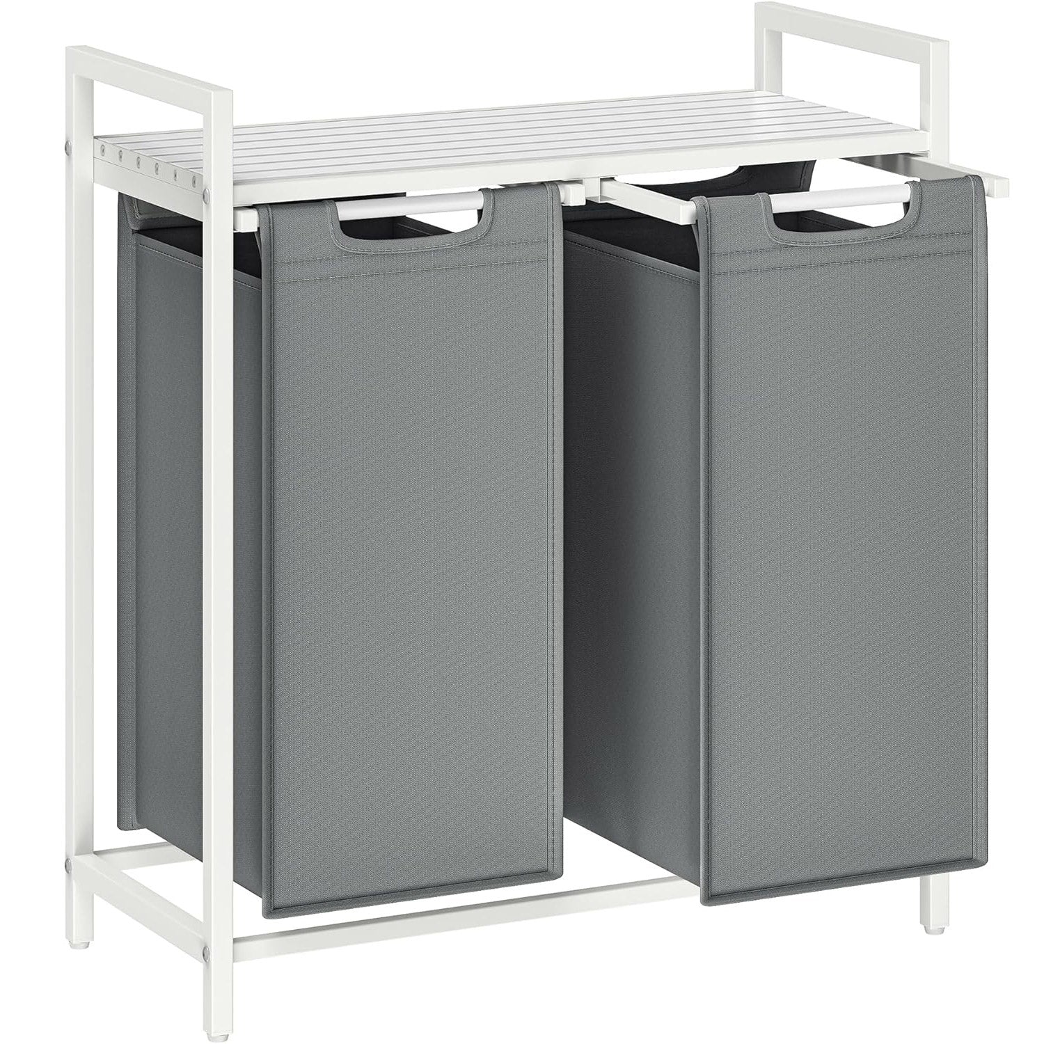 Cos de rufe, 2 compartimente, saci de rufe detasabili, raft, cadru metalic, 2x46L, 73x33x72 cm, alb si gri deschis