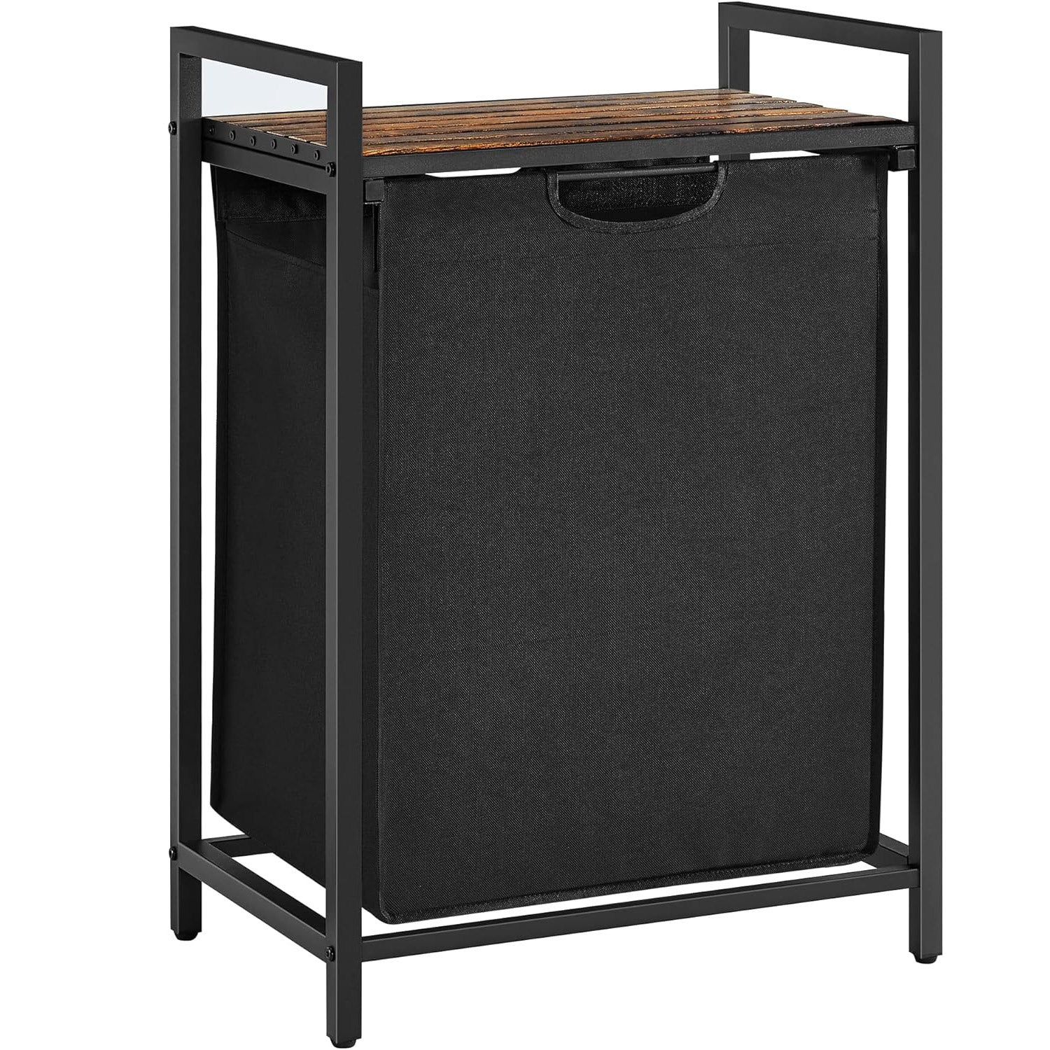 VASAGLE Cos de rufe, sac de rufe detasabil, raft, cadru metalic, 65L, 50x33x72 cm, maro rustic si negru